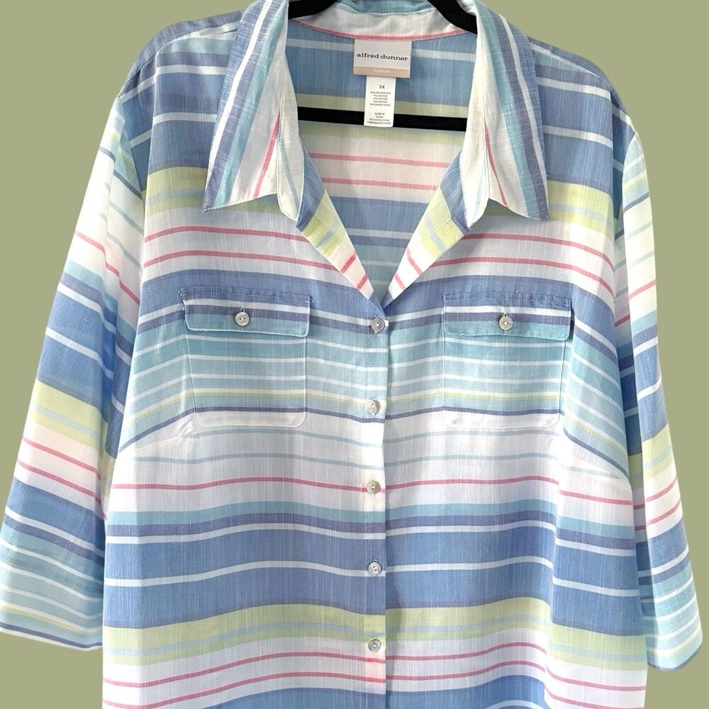 Alfred Dunner Striped Top Blouse Shirt 3X Multicolor 3/4 Sleeve Coastal Preppy
